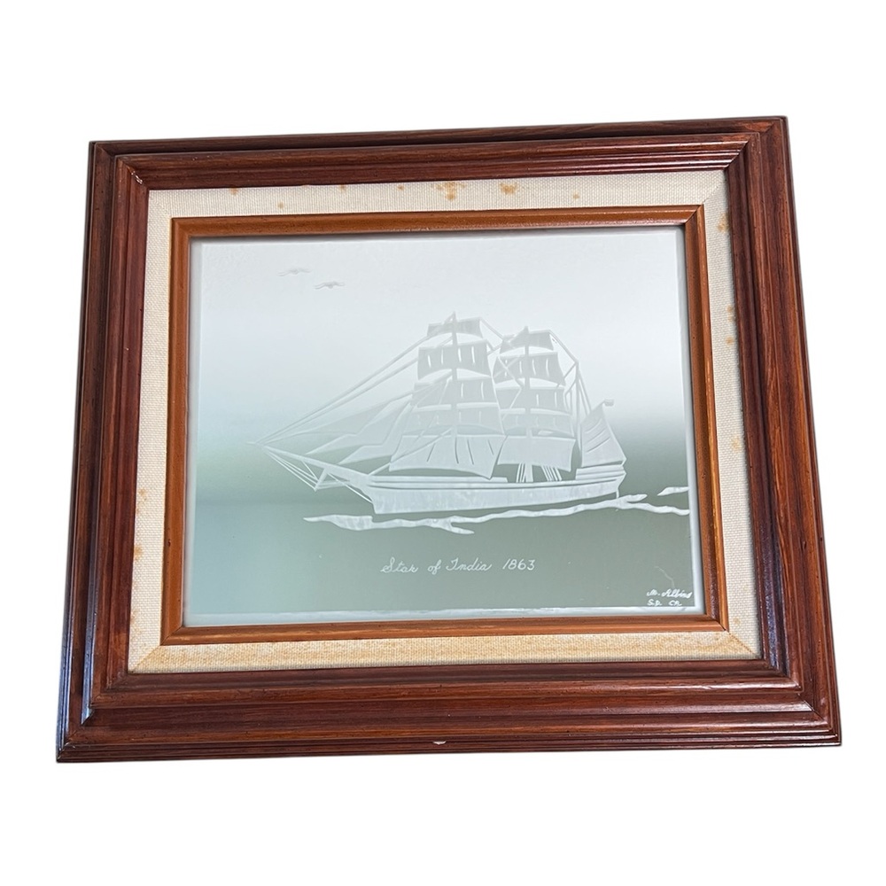 Vintage M. Albino Framed Mirror Etching Star of India 1863 14”‎ x 12”